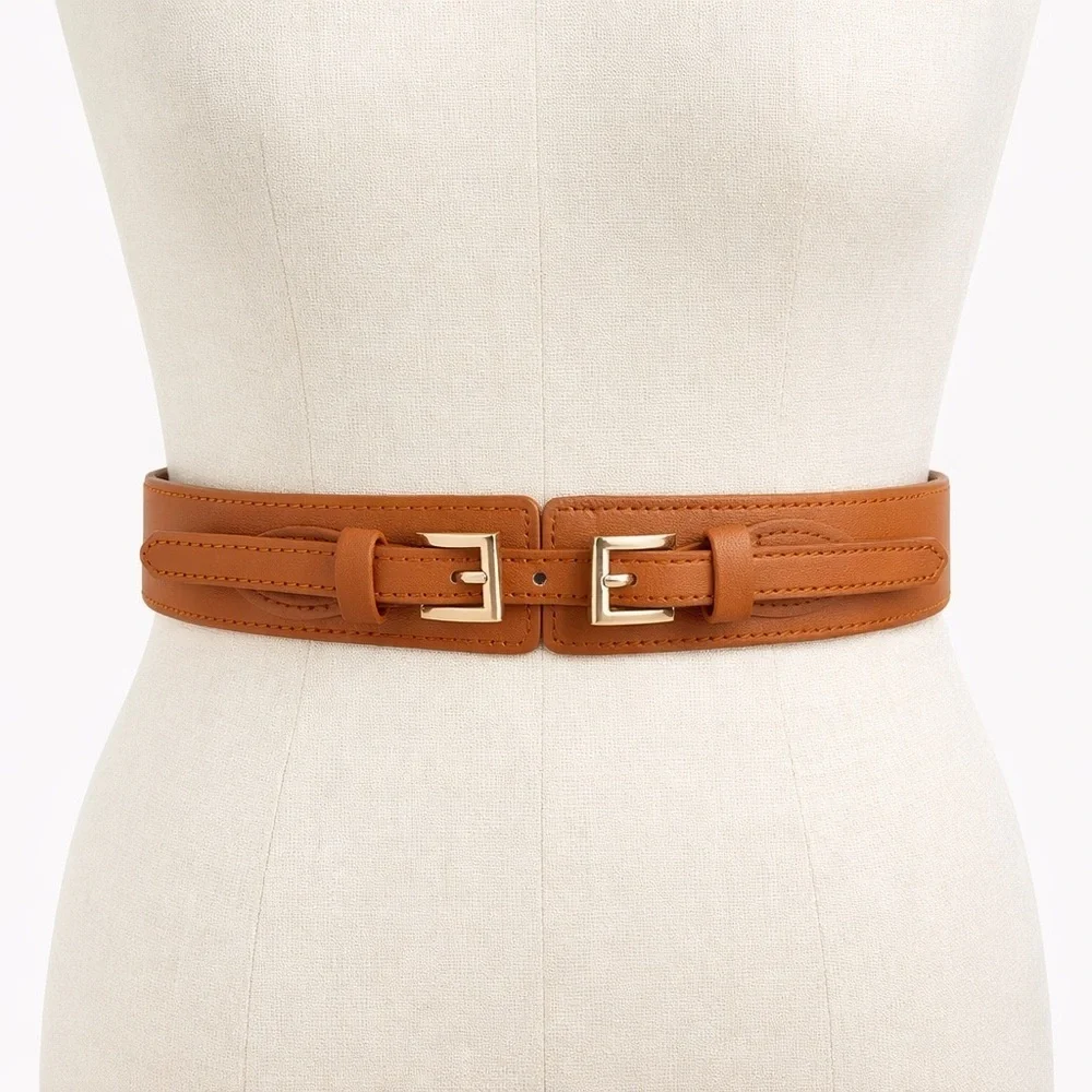 Boho Double Buckle‎ Stretch Waist Belt Faux Leather